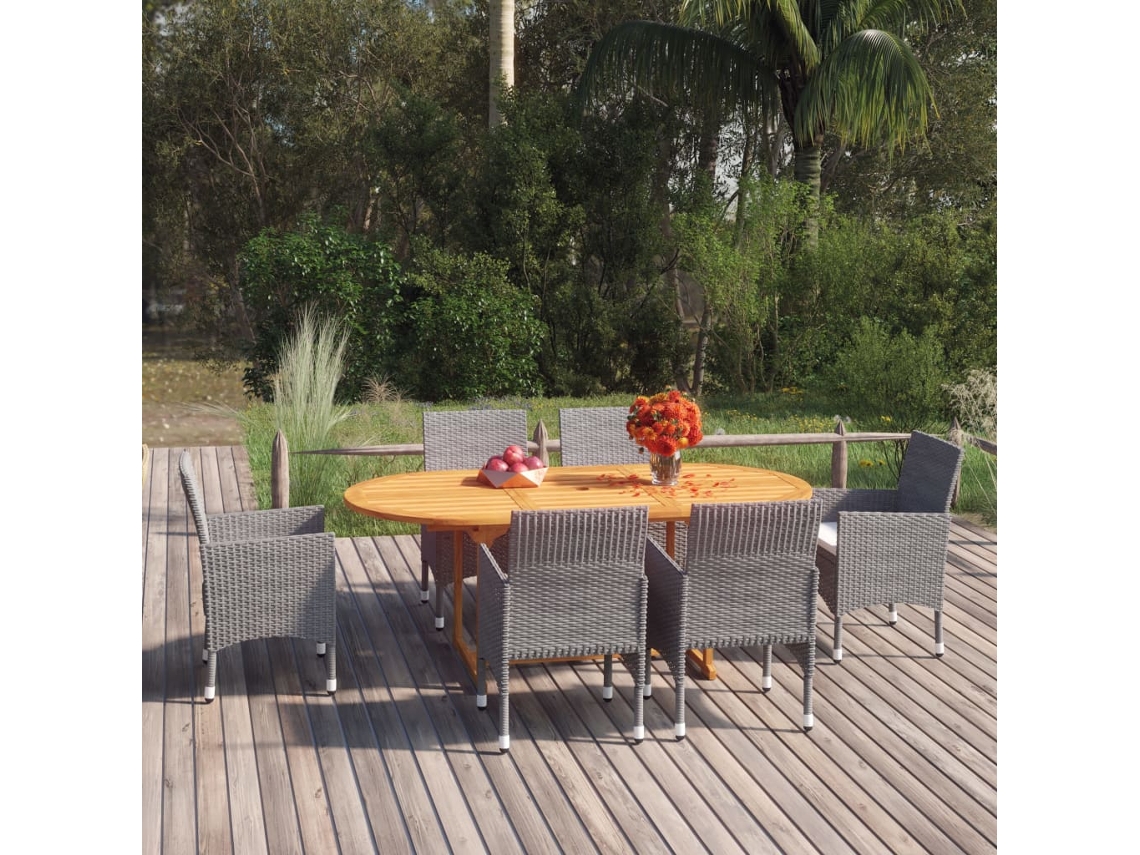 Vidaxl 7 Pcs Conjunto De Jantar Para Jardim Vime Pe Cinzento