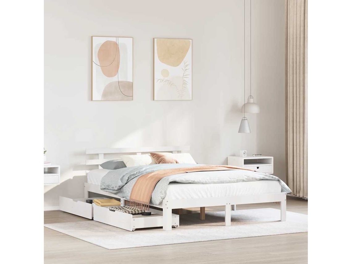 Vidaxl Estrutura De Cama C/ Gavetas 140x200 Cm Pinho Maciço Branco