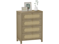 Cômoda De Estilo Boêmio Com 4 Gavetas E Portas Em Resina Trançada, 70 X 38 X 93 Cm, Efeito Madeira Natural.