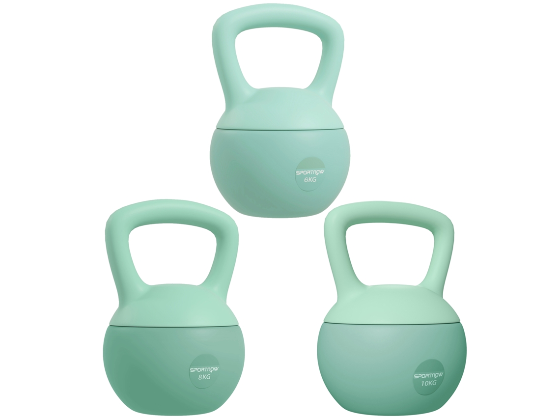 Conjunto De 3 Kettlebell Plástico, Arena Metálica Cor Verde 21x21x30 Cm Sportnow