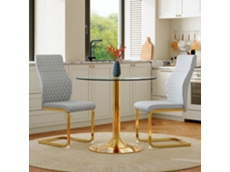 Conjunto Mesa Vidro 85cm Dourado 2 Cadeiras Cinza Claro Dourado