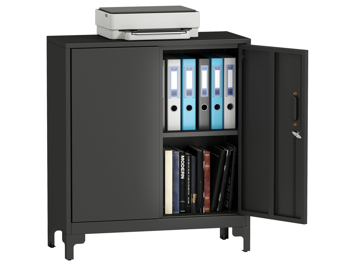 Armário de escritório em metal, com portas fecháveis, 2 níveis, preto