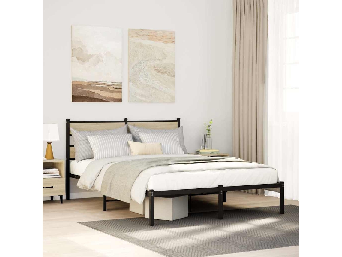 Vidaxl Estrutura De Cama Sem Colchão 135x190 Cm Metal Carvalho Sonoma