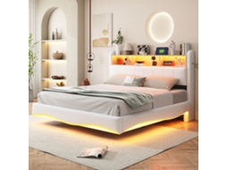 Cama De Mola 160x200 Bege Com Estofamento De Linho, Armazenamento, Led, Usb E Type-c