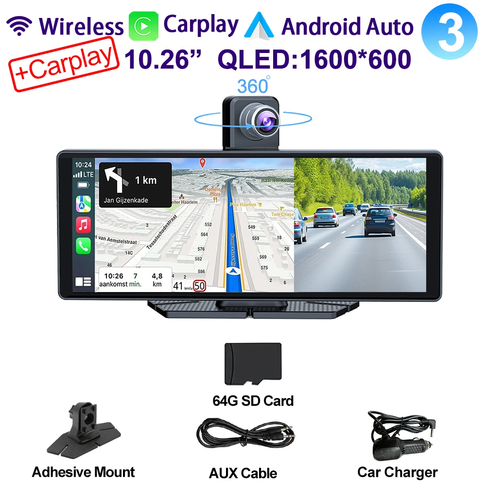 Câmera Veicular Inteligente De 10,26 Polegadas Com Rotação De 360° Em 4k E Carplay.