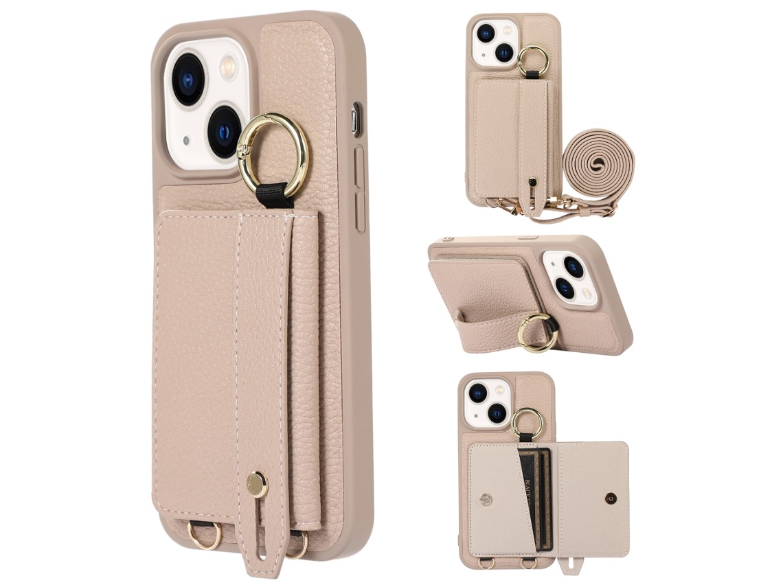 Suporte Casa Pega Damasco Para Iphone 13 Pele Sintética Com Porta-cartões Bege
