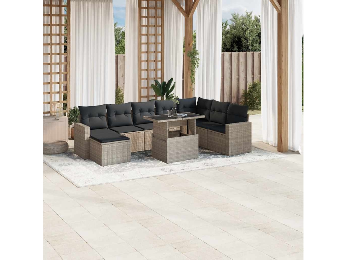 Vidaxl 9 Pcs Conj. Sofás Jardim Com Almofadões Vime Pe Cinzento-claro