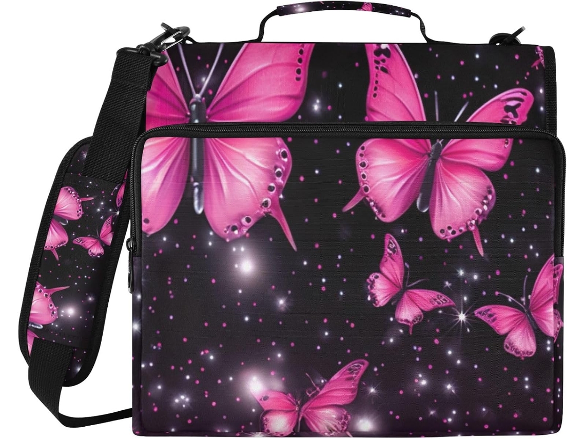 Pasta Organizadora De 3-argolas Com Estampa Borboletas Rosa E Preta, Com Compartimento Laptop E Bolsos Resistentes