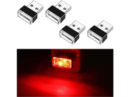 4pcs Luz Led Usb Para Interior De Carro, Lâmpada Ambiente Portátil Plug And Play Rojo
