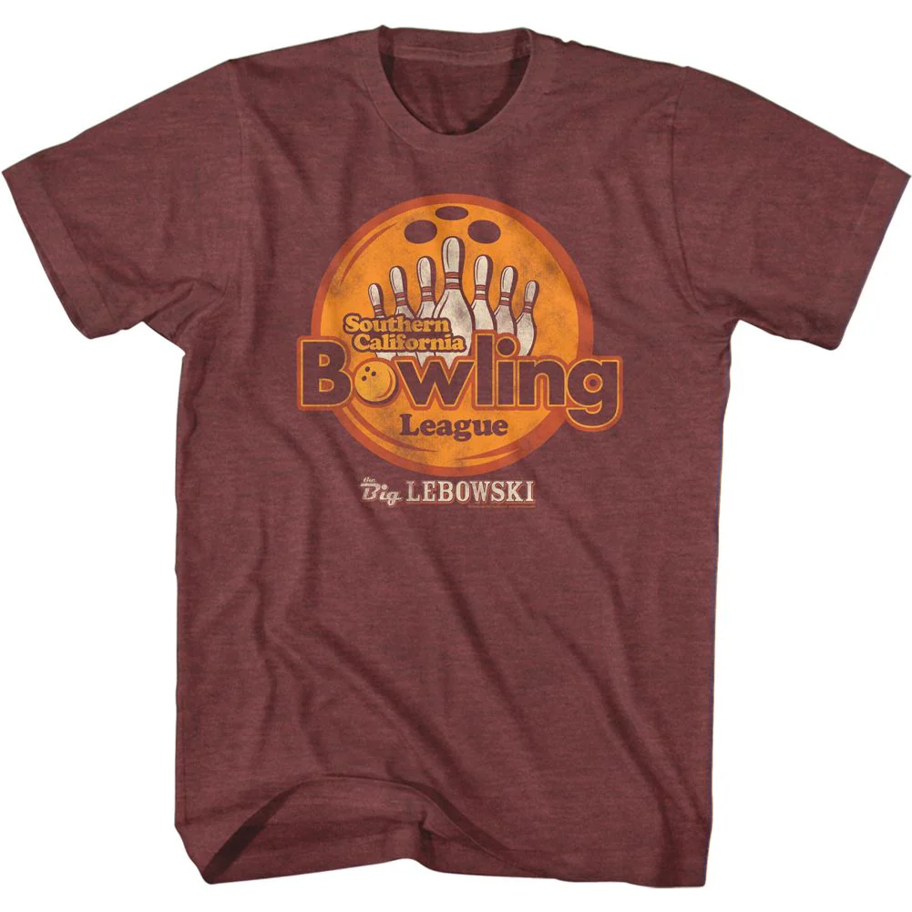 Unisex Adult T-shirt Rockinstone The Big Lebowski Socal Bowling League Heather Vintage Maroon Sizem