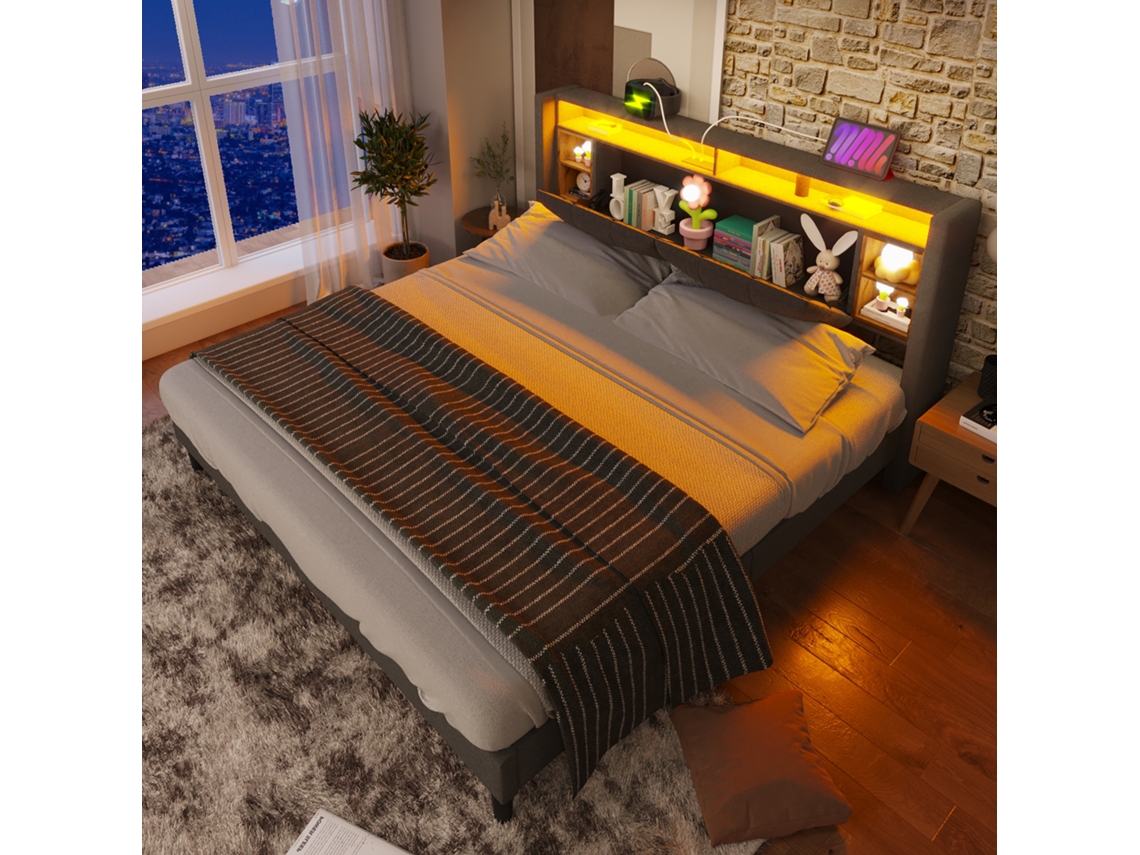 Cama 160x200 Led Usb Cabeceira Madeira Cinza Sem Colchão