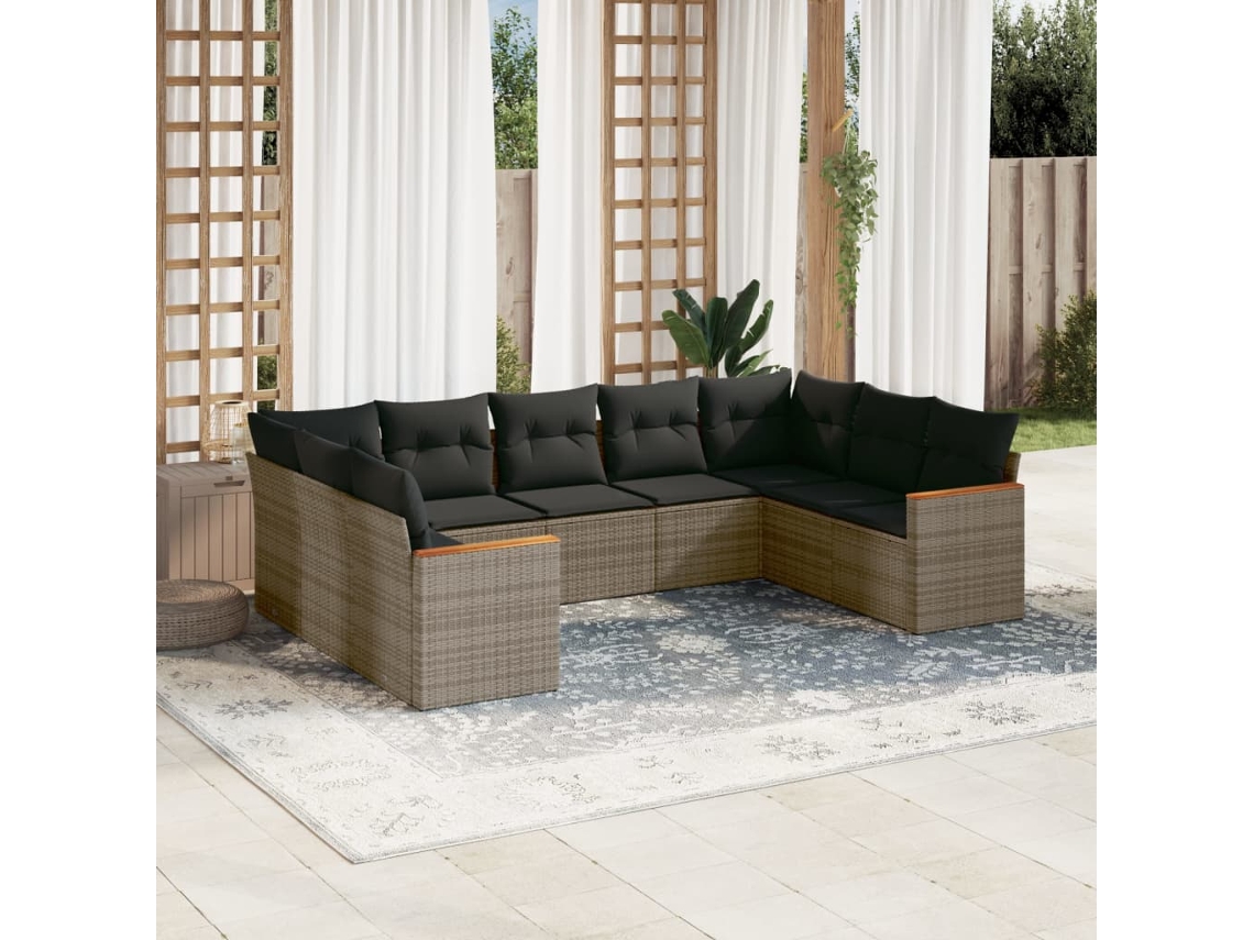 Vidaxl 9 Pcs Conjunto Sofás P/ Jardim Com Almofadões Vime Pe Cinzento