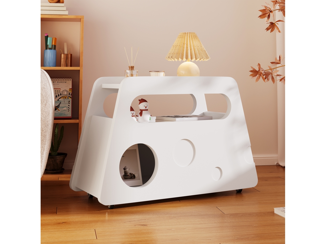 Mesa Lateral Moderna Branca Com Rodízios E Design Arredondado E Seguro Fácil De Mover E Que Economiza Espaço. Sini Tech Store