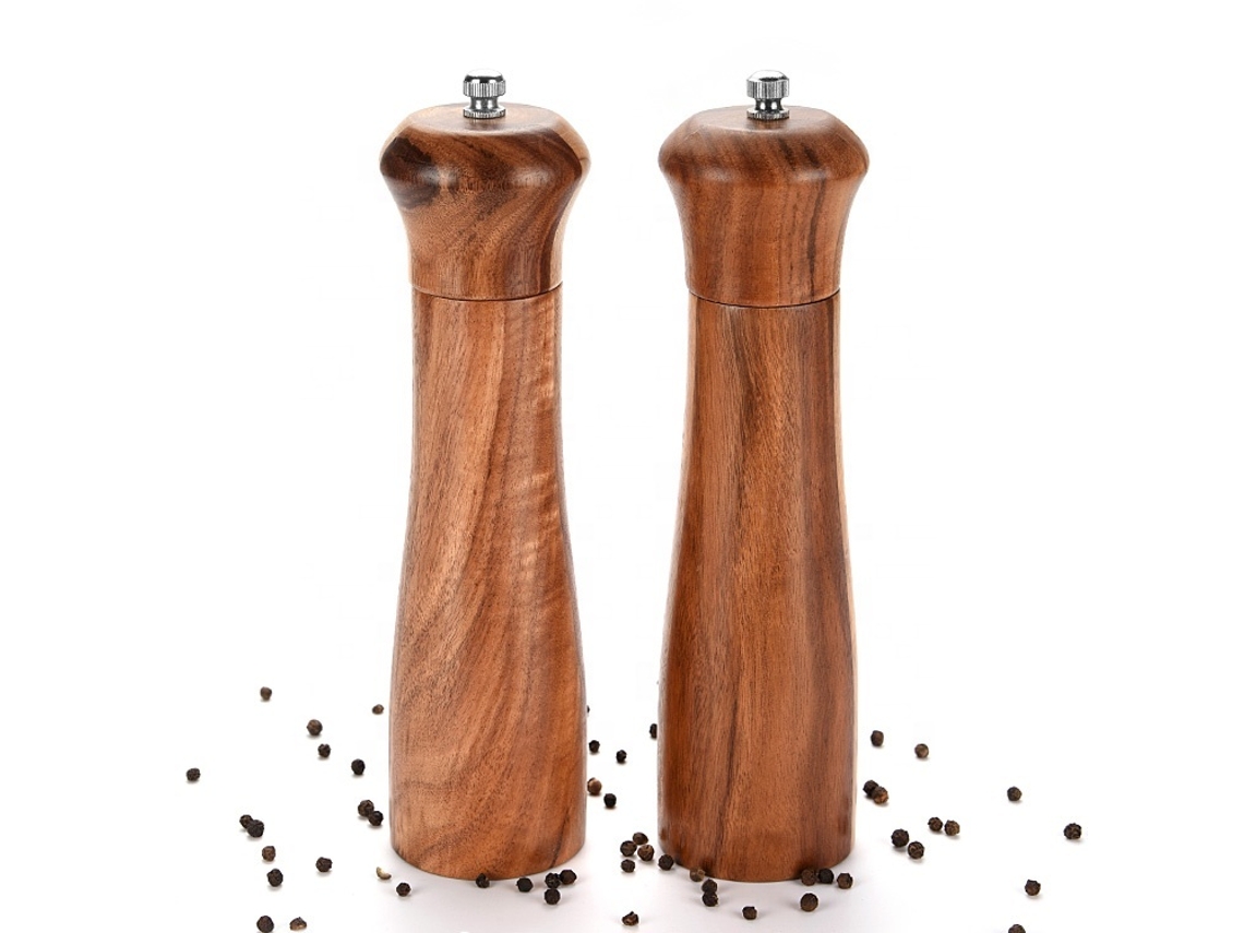 Conjunto De Moedores Sal E Pimenta Madeira Recarregáveis​​ 25 Cm, Moedores De Madeira Premium Com Pires Cerâmica Ajustáveis