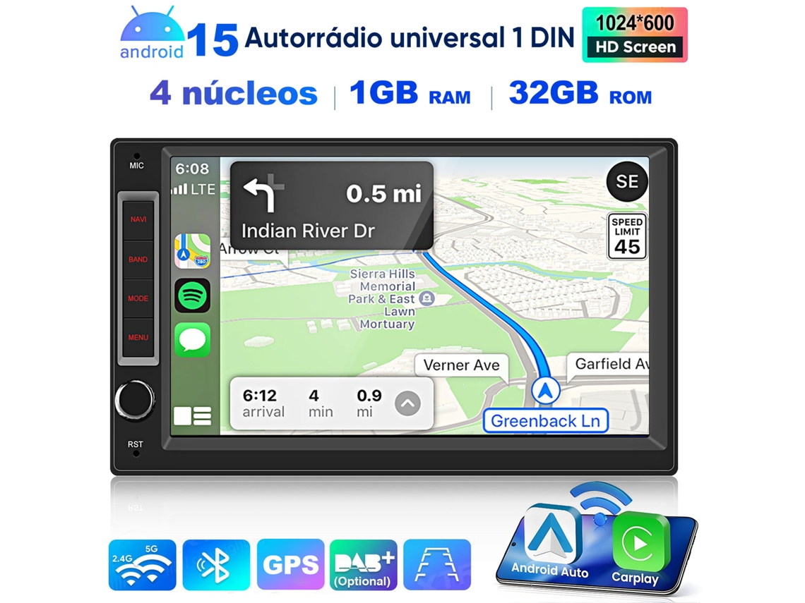 Autorrádio Junsun 1 Din 7" Ips 1gb+32gb Android 15 Wifi 4 Núcleos Carplay Sem Fios Rds Gps Dsp Android Auto