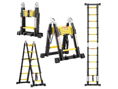 Escada Telescópica 3,8m , Escada Dobrável Com Polias Na Parte Inferior, Capacidade De Carga 150kg, Preta Teeno (1,91,9)