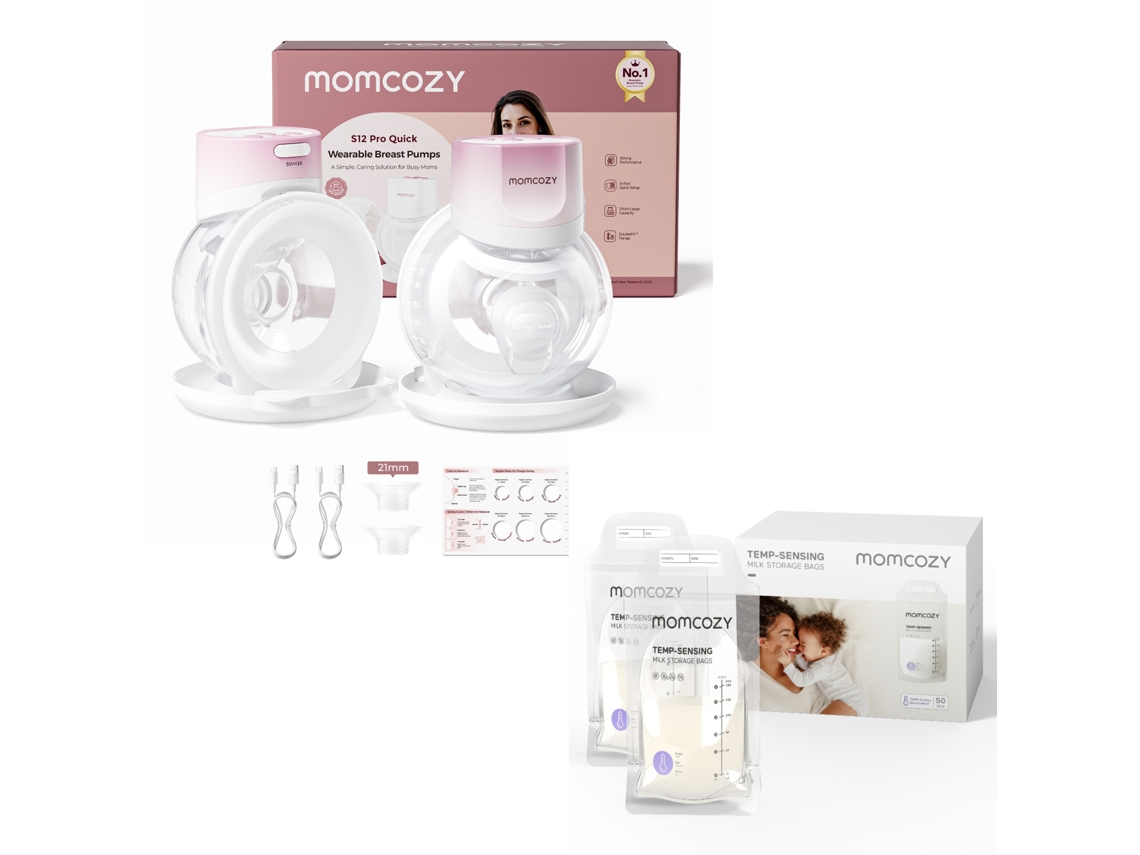 S12 Pro Quick Bomba Elétrica Mãos Livres Sem Fio + Sacos 50un 180ml com Sensor de Temperatura MOMCOZY (2un, Rosa)
