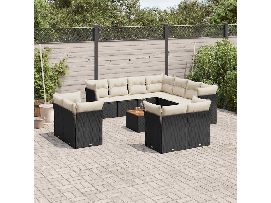 12 Pcs Conjunto De Sofá Jardim C/ Almofadões Vime Pe Preto Dkd Home Decor