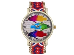 Relógio de pulso feminino analógico simples com numerais romanos, movimento de quartzo e pulseira de tecido trançado.