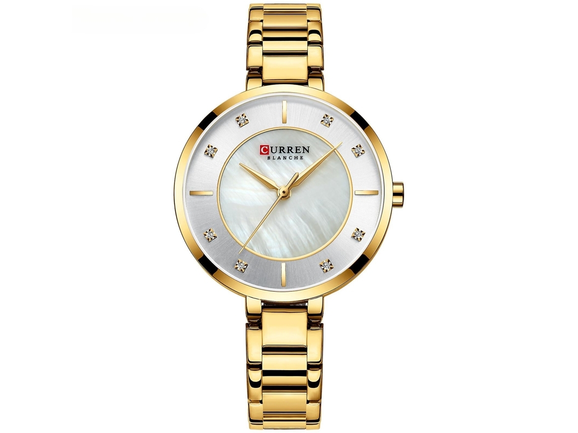 Relógios de Moda Feminina Pulseira de Aço Inoxidável Relógio de Quartzo À Prova de Água para Mulheres-Concha Dourada Branca