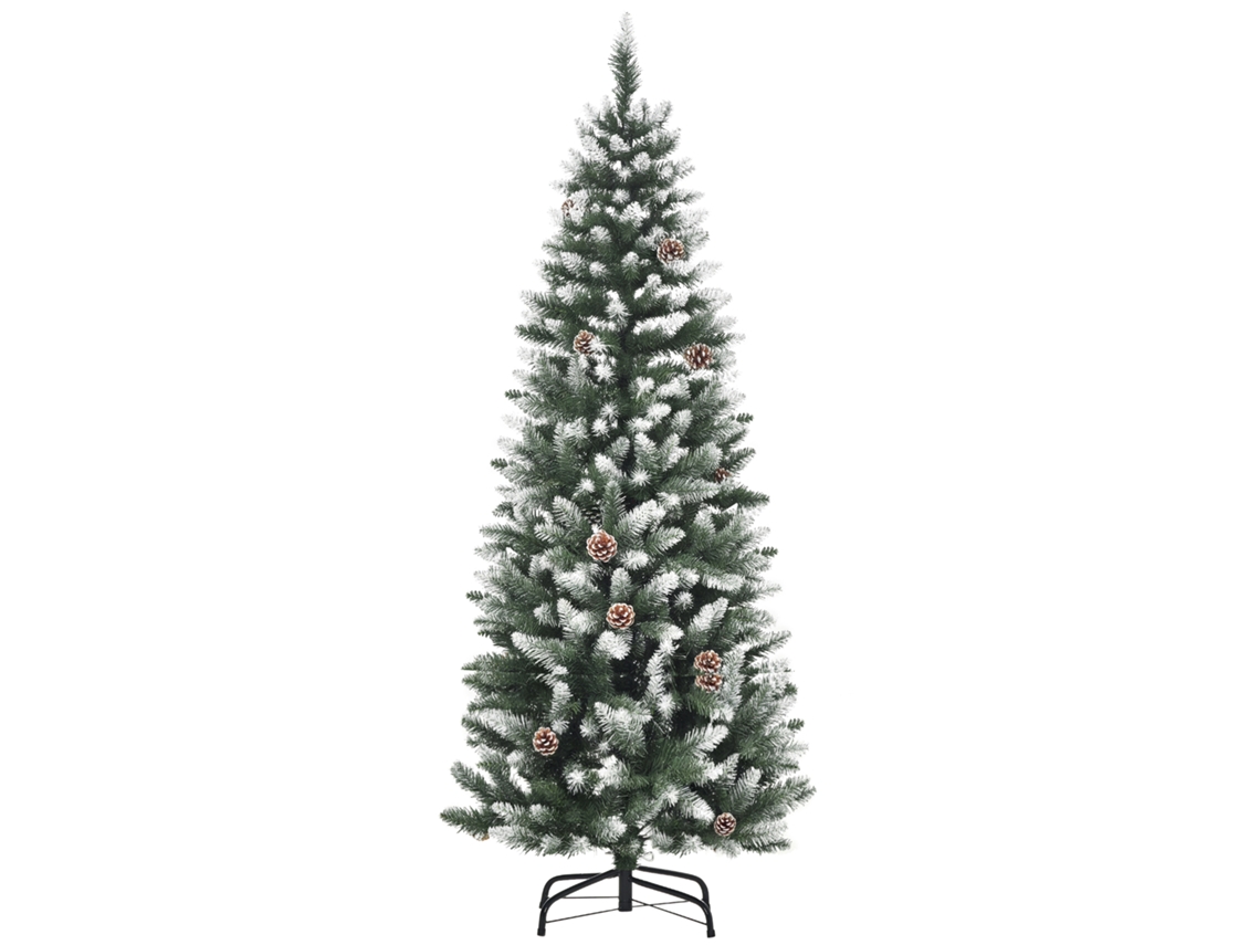Árvore De Natal Nevada De 150 Cm, Contém 464 Galhos E 28 Pinhas, Modelo De Plástico E Metal Com Base Removível, Nas Cores Verde E Branca.
