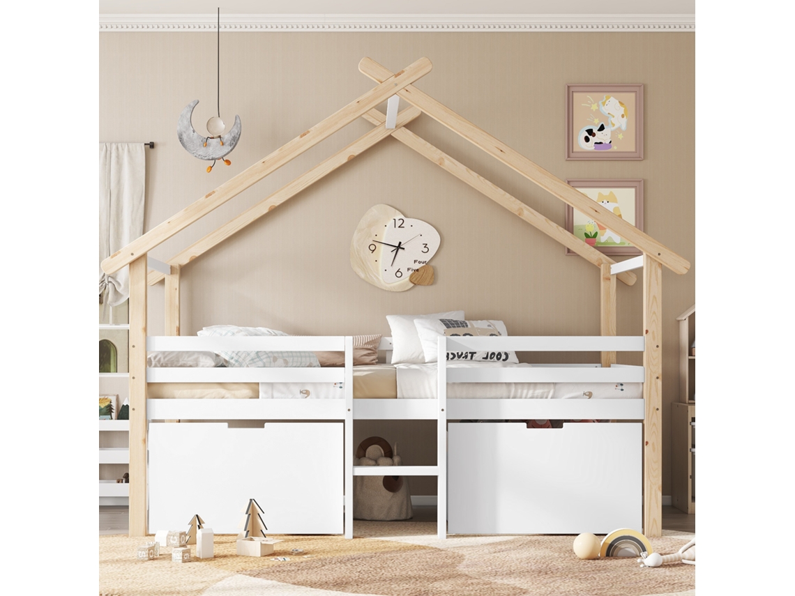 Cama Infantil 90x200cm Branco+natural Com Telhado Escada Gavetas