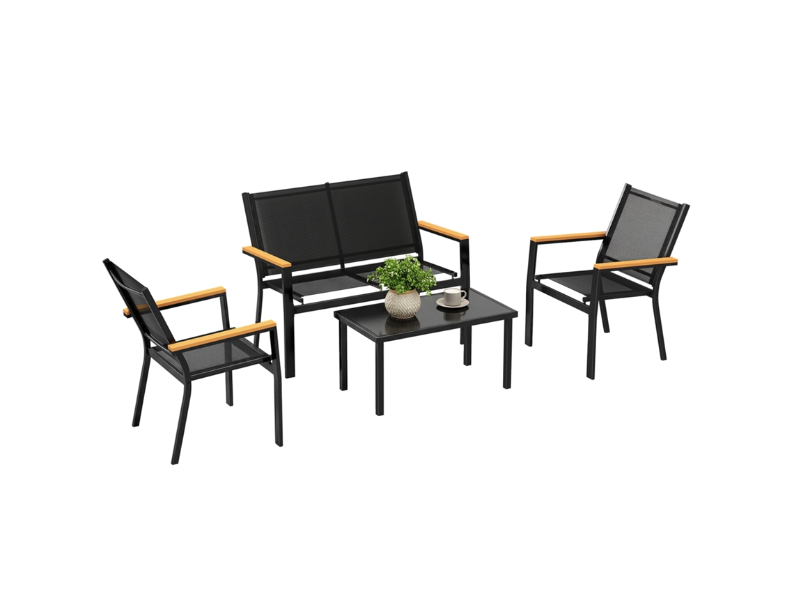 Conjunto Jardim 4 Peças Sofá 2 Poltronas Mesa Vidro Preto