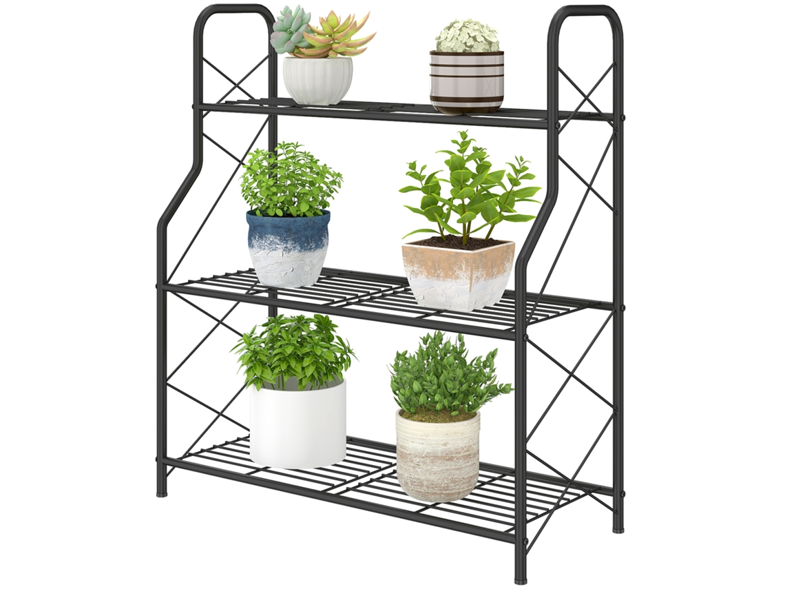 Suporte Para De Plantas 3 Níveis Estante Metálica Resistente Para Interior E Exterior, Preto, 69x28,5x78 Cm