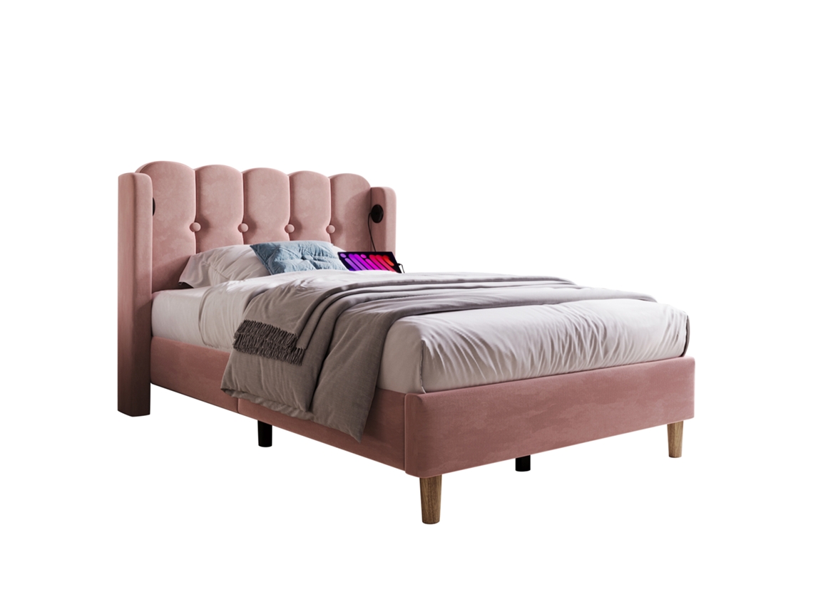 Cama de Solteiro Estofada Rosa com Usb PAPRIKA