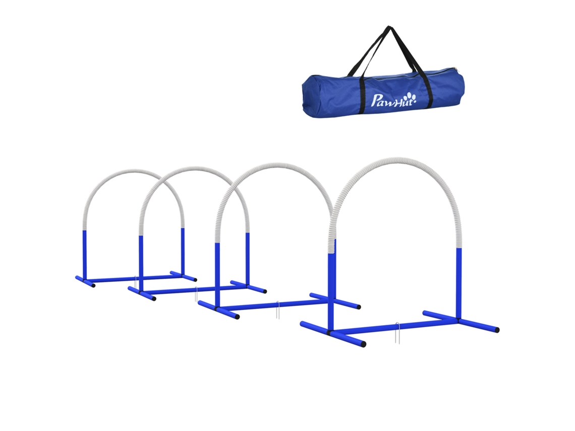 Conjunto Agility Canino Treino Cães 4 Arcos Iniciantes com Bolsa Transporte 88x64x95cm Azule Branco