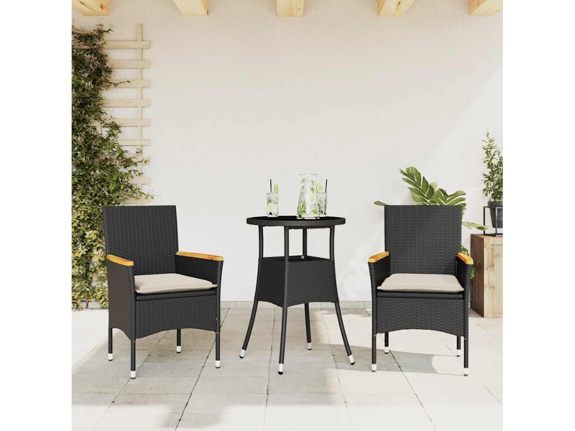Vidaxl 3 Pcs Conjunto Jantar Jardim C/ Almofadões Vime Pe/vidro Preto