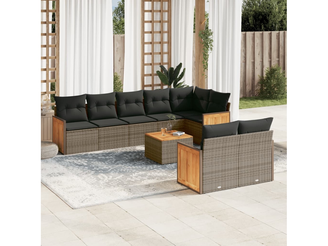 Vidaxl 9 Pcs Conjunto Sofás P/ Jardim Com Almofadões Vime Pe Cinzento