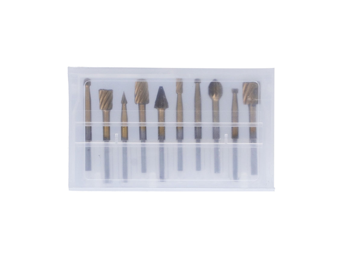 Conjunto de 10 fresas rotativas de aço rápido revestidas com titânio para entalhe em madeira, haste de 1/8" e 40 mm de comprimento.