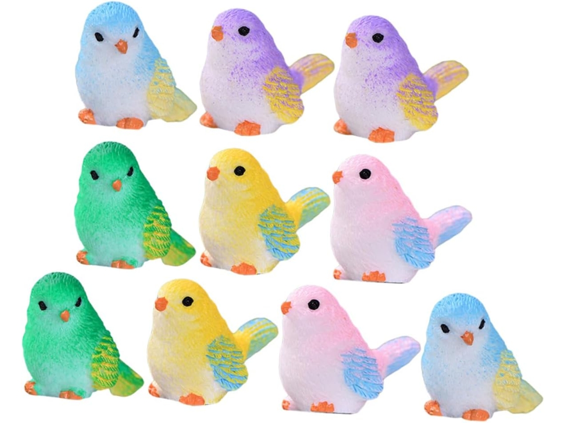 Kit de 10 Miniaturas Decorativas de Pássaros em Resina, Pássaros Coloridos para Jardim, Pátio e Paisagens em Miniatura, CHABERLU