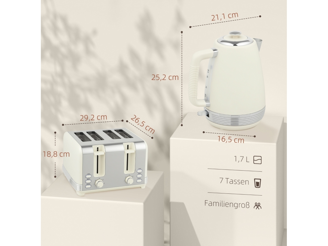 Conjunto Chaleira e Torradeira 1,7l, 2200w, Termostato Strix, Filtro, Torradeira 4 Ranhuras, 7 Níveis e Bandeja de Migalhas Integrada.