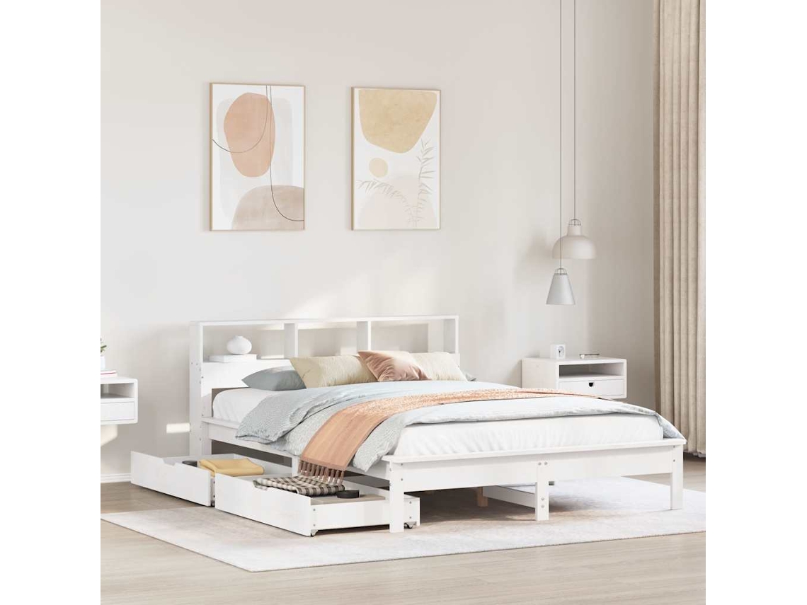 Vidaxl Cama Com Estante Sem Colchão 135x190 Cm Pinho Maciço Branco