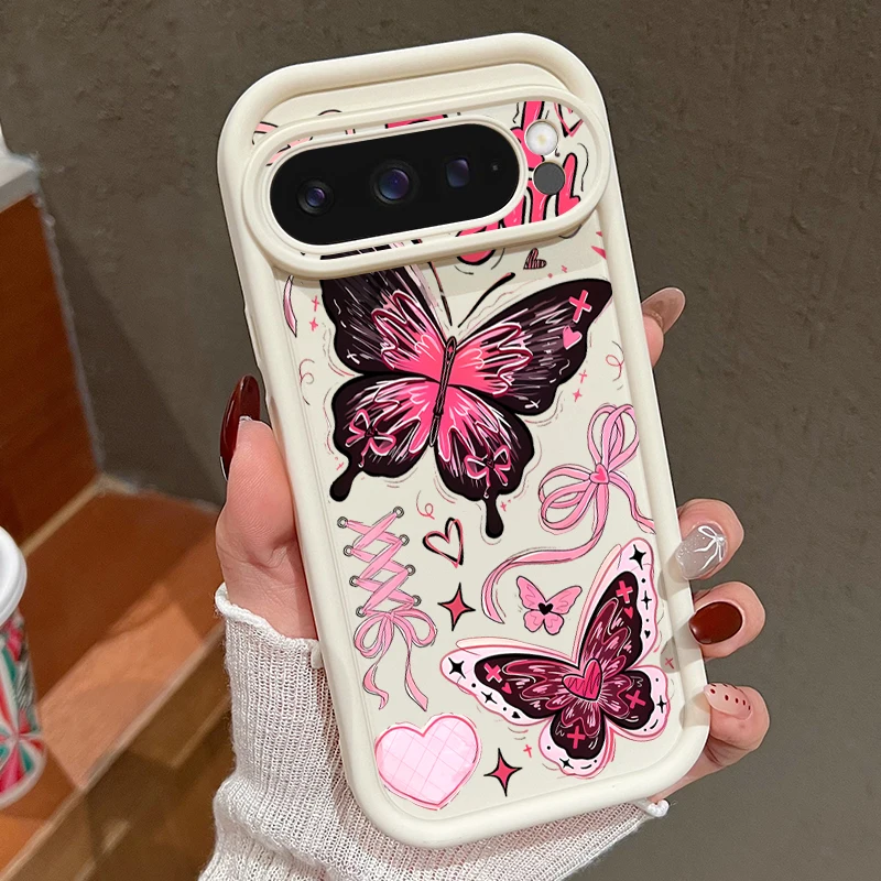 Capa Para Celular Google Pixel 7a Rosa Com Desenho De Borboleta (branca), Em Tpu Macio E Resistente A Impactos.