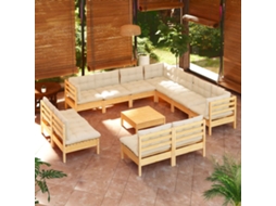 12 Pcs Conjunto Lounge Jardim C/ Almofadões Creme Pinho Maciço Dkd Home Decor