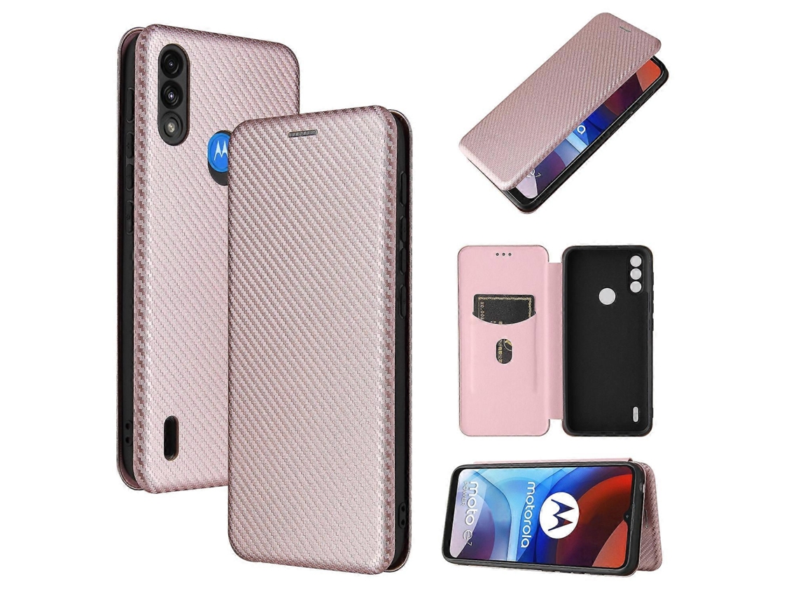 Capa De Couro Pu Com Compartimento Para Cartão Para Motorola Moto E7 Power Com Textura De Fibra De Carbono E Flip Horizontal Tpu Pc