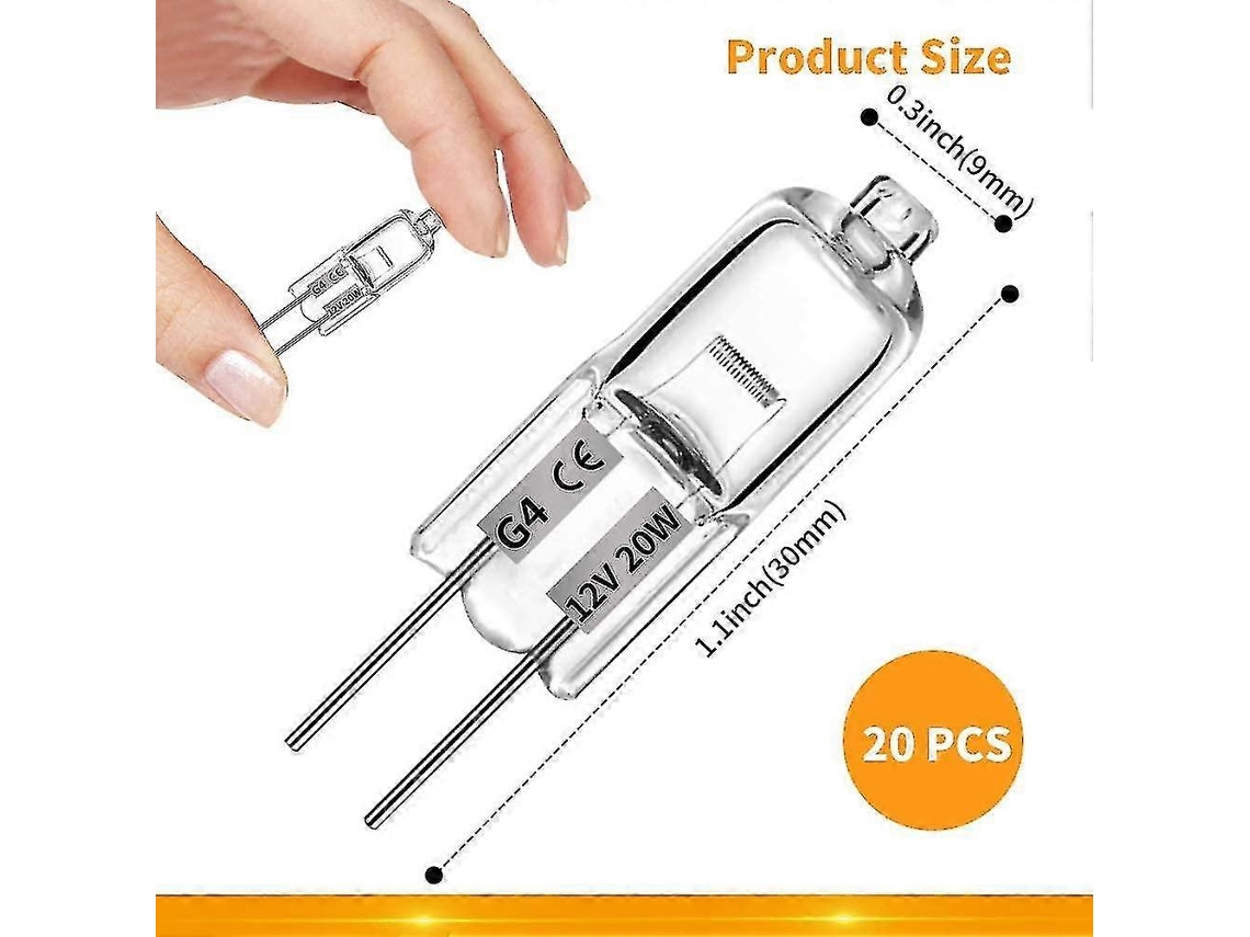 Rebe 20 Lâmpadas Halógenas G4, 20w 12v, Lâmpadas Claras de 2 Pinos, para Cozinha, Iluminação Interior e Acessórios de Teto