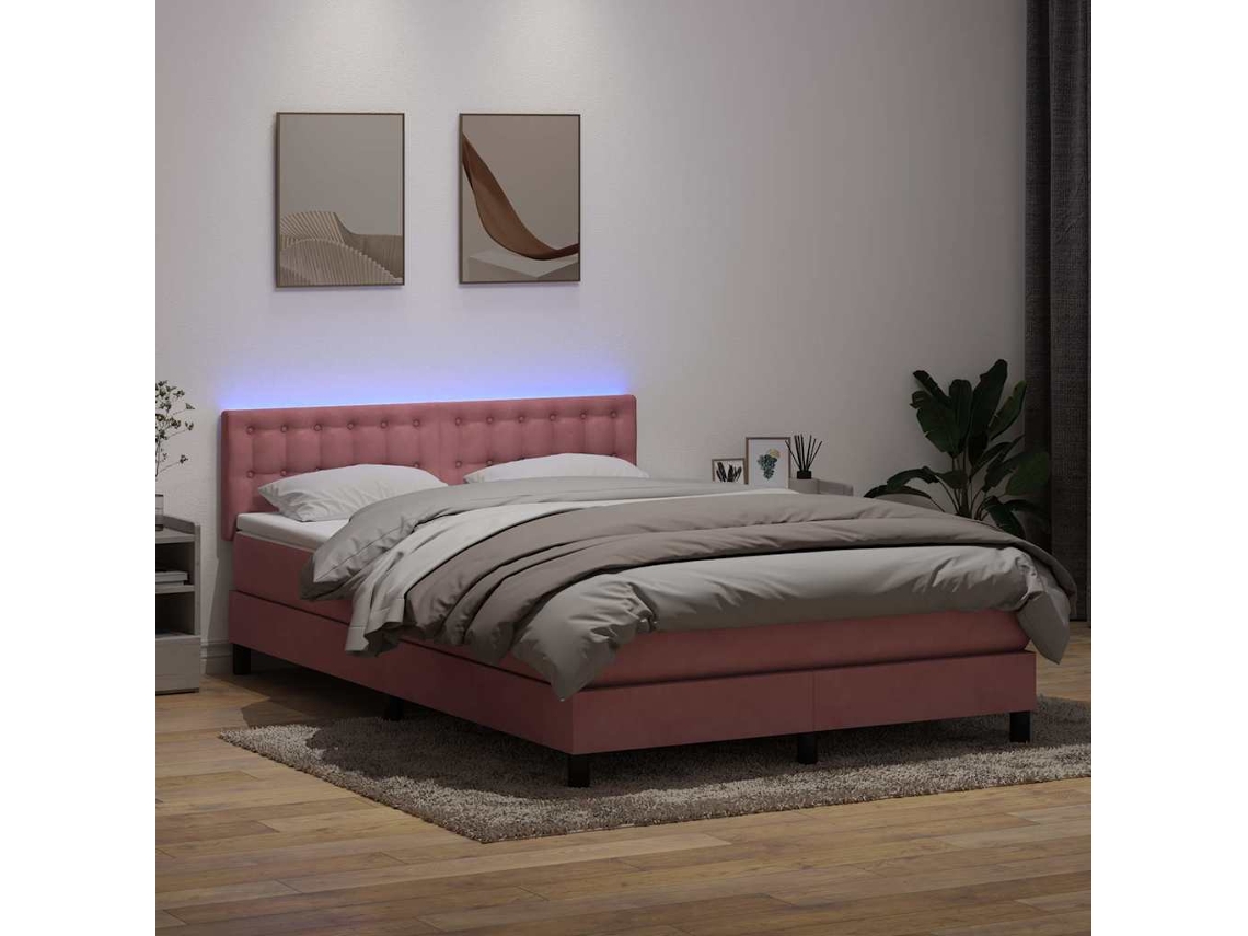 Vidaxl Cama Box Spring C/ Colchão E Led 140x210 Cm Veludo Rosa