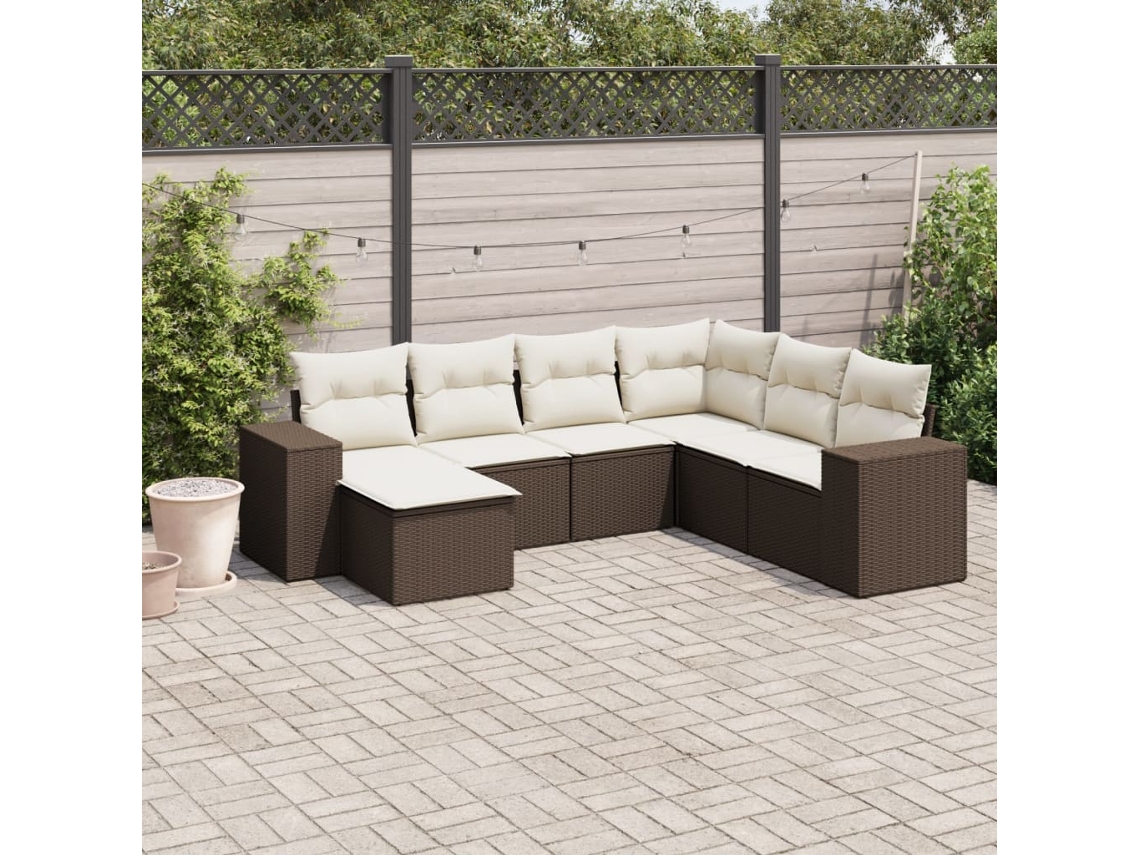 Vidaxl 7 Pcs Conjunto De Sofás Jardim C/ Almofadões Vime Pe Castanho