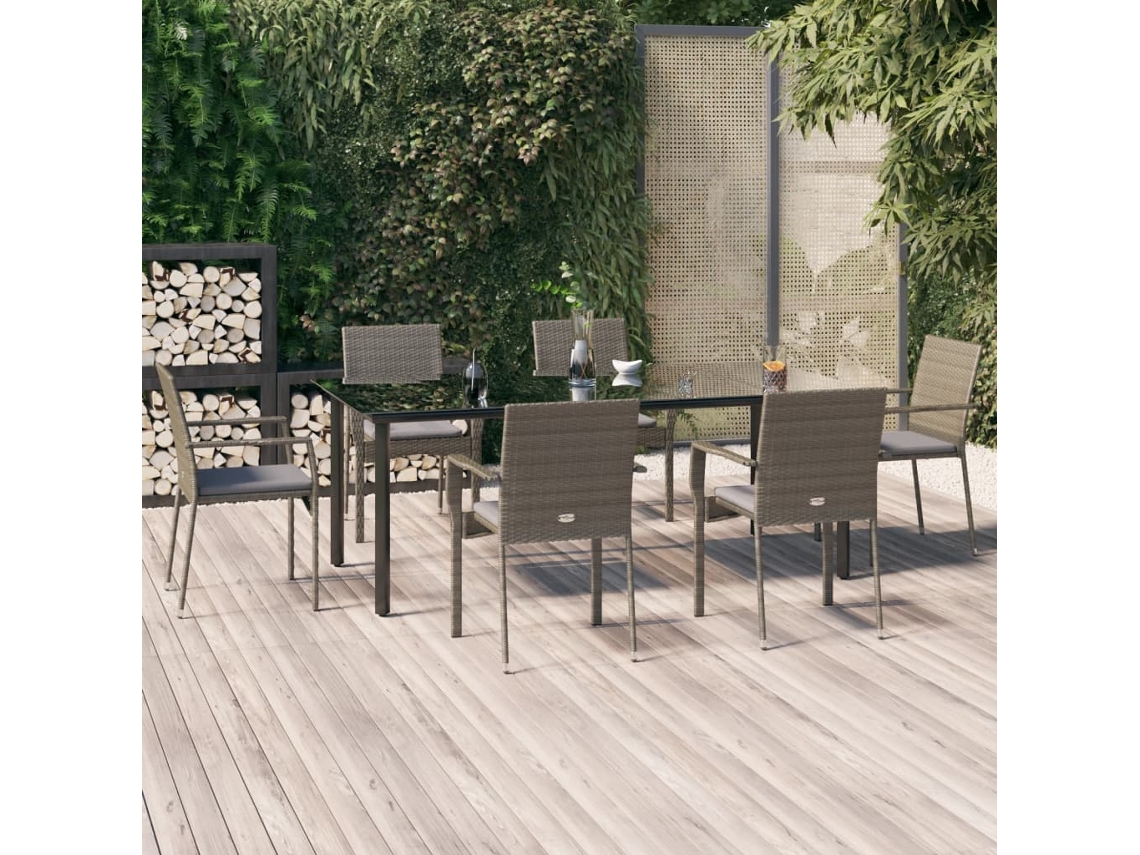 Vidaxl 7 Pcs Conjunto Jantar Jardim C/ Almofadões Vime Pe Preto/cinza