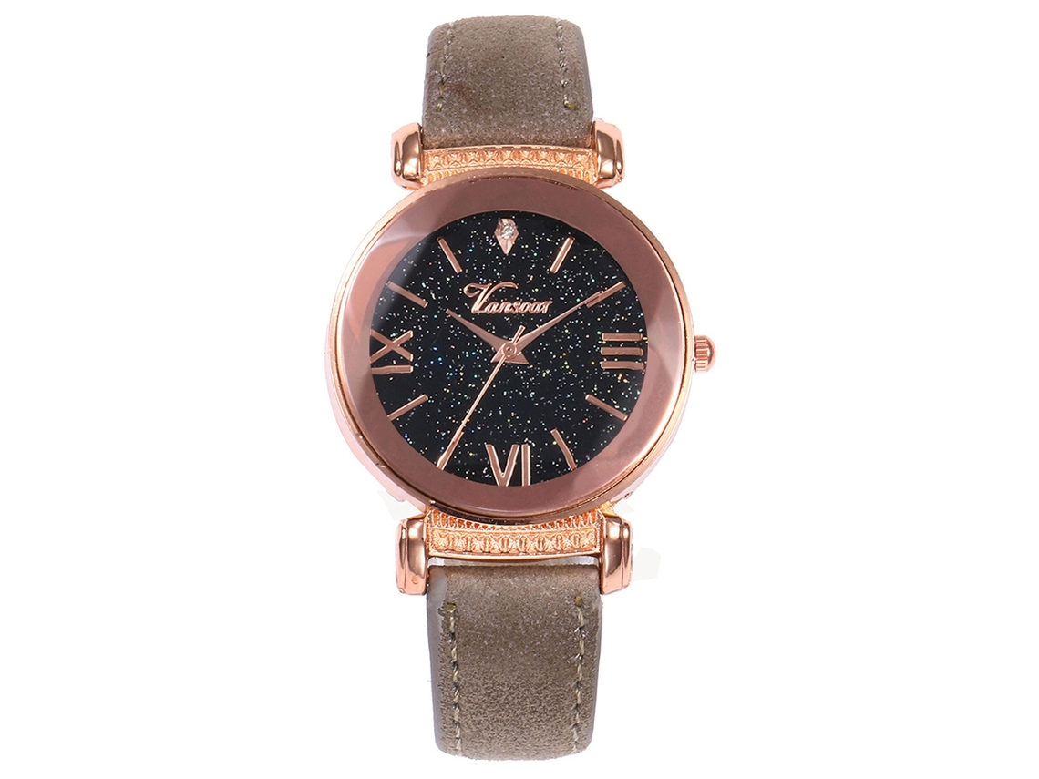 Relógio Feminino de Quartzo Vansoar com Pulseira de Couro Pu e Strass Mostrador Brilhante Cinza