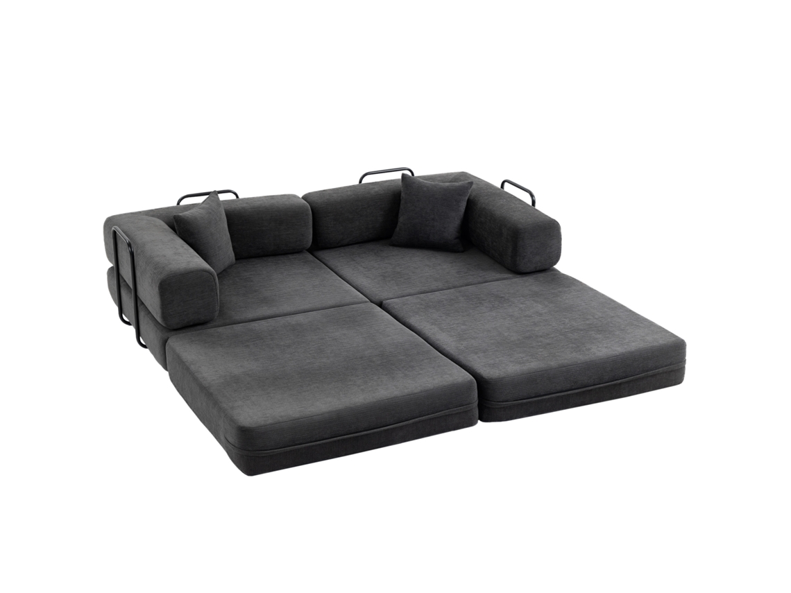 Sofá-cama conversível de 2 lugares em chenille, 198 cm, com assento e braços longos, 2 almofadas, cinza escuro.