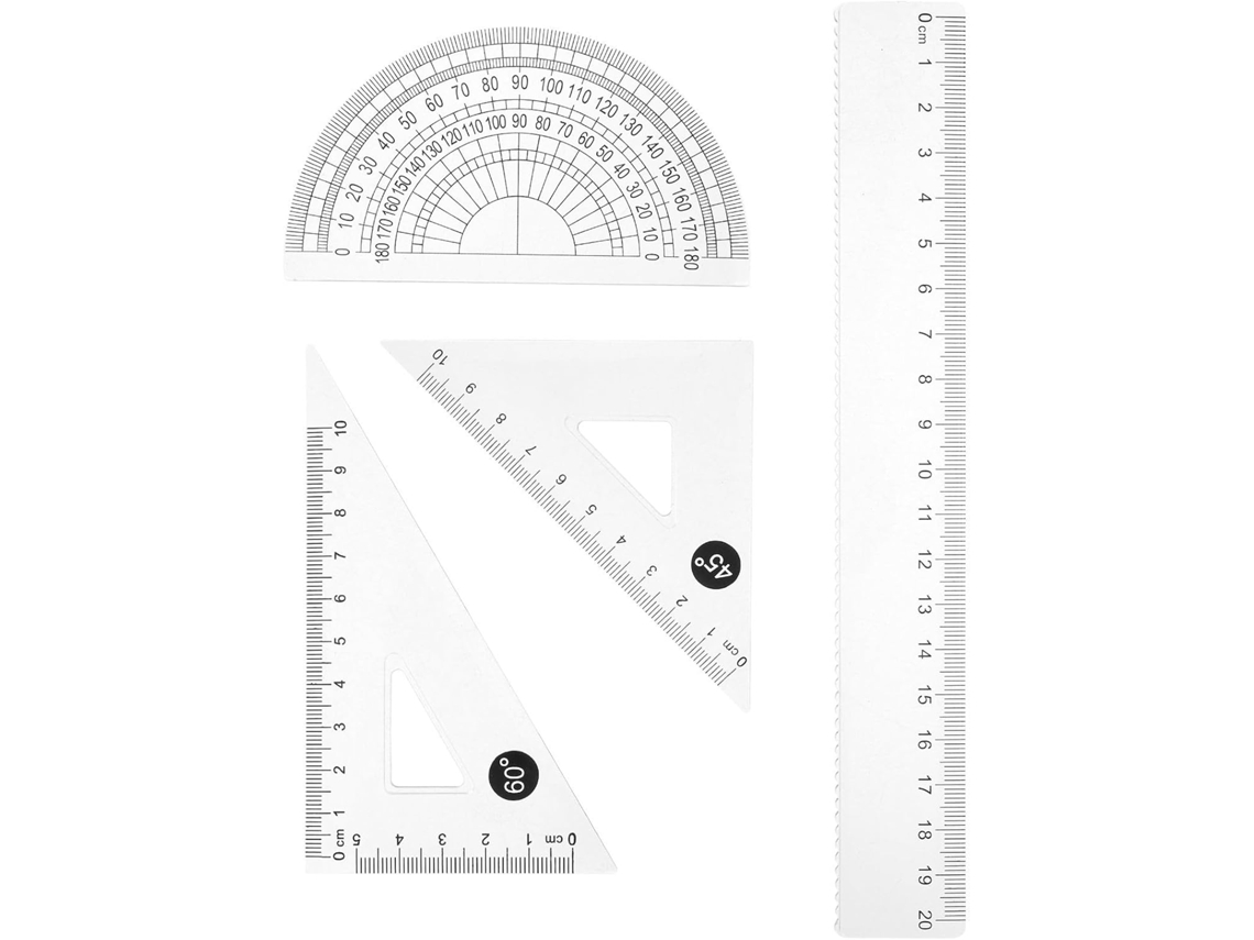 Kit De Geometria Com 4 Peças, Régua De 20 Cm E Transferidor (abs)