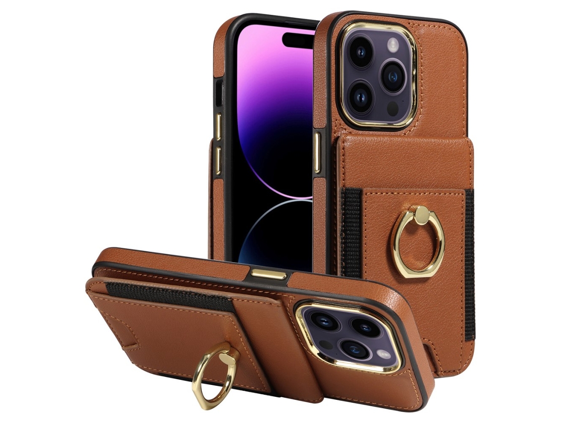 Suporte Casa Bloqueio Rfid Para Iphone 15 Pro Pele Sintética Com Porta-cartões Castanho