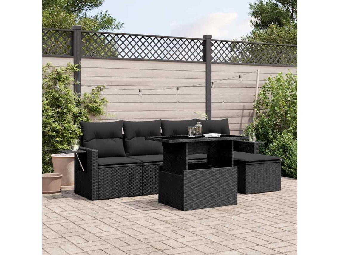 Vidaxl 6 Pcs Conjunto Sofás De Jardim C/ Almofadões Vime Pe Preto
