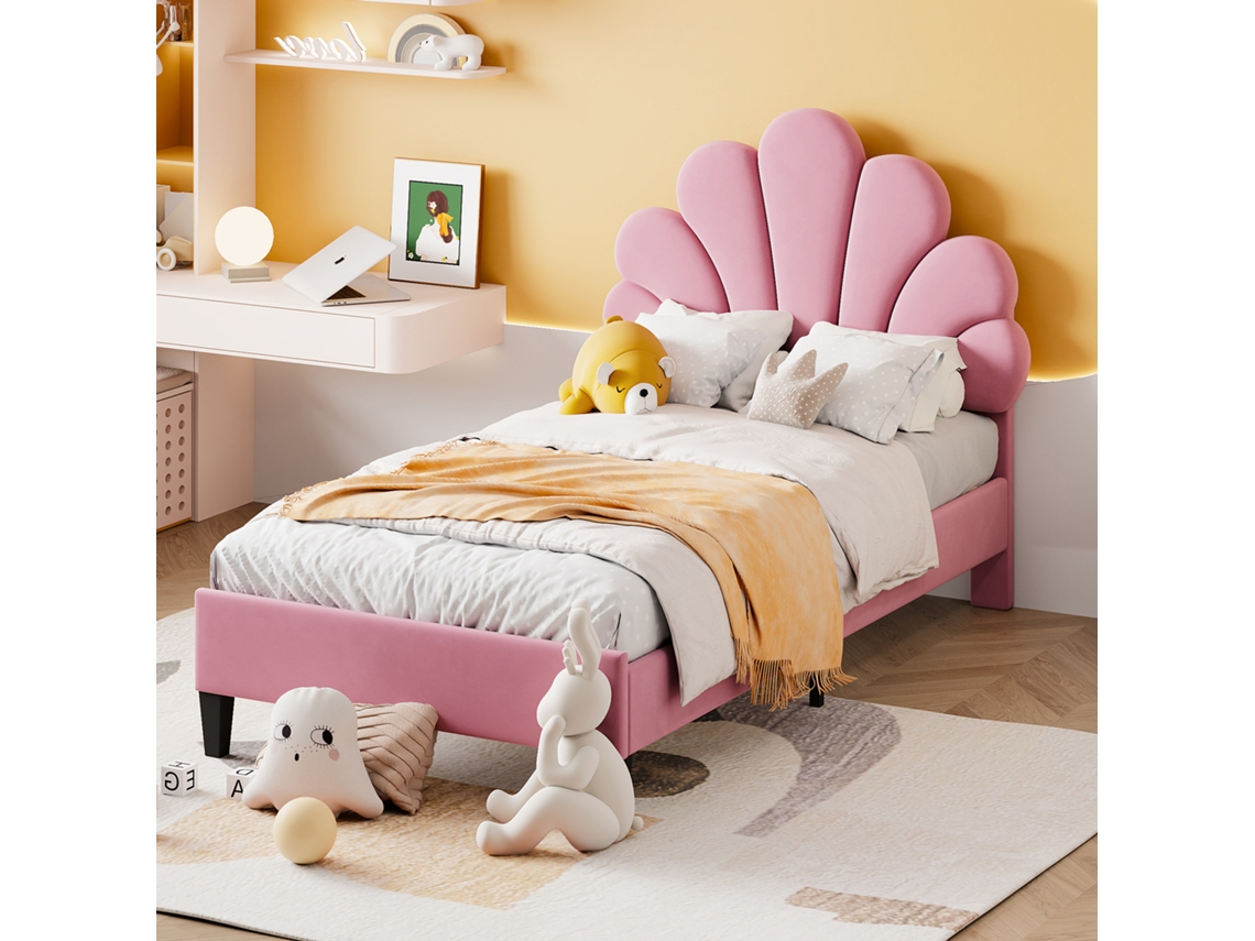 Cama Infantil 90x200 Veludo Rosa Com Estrado Floral