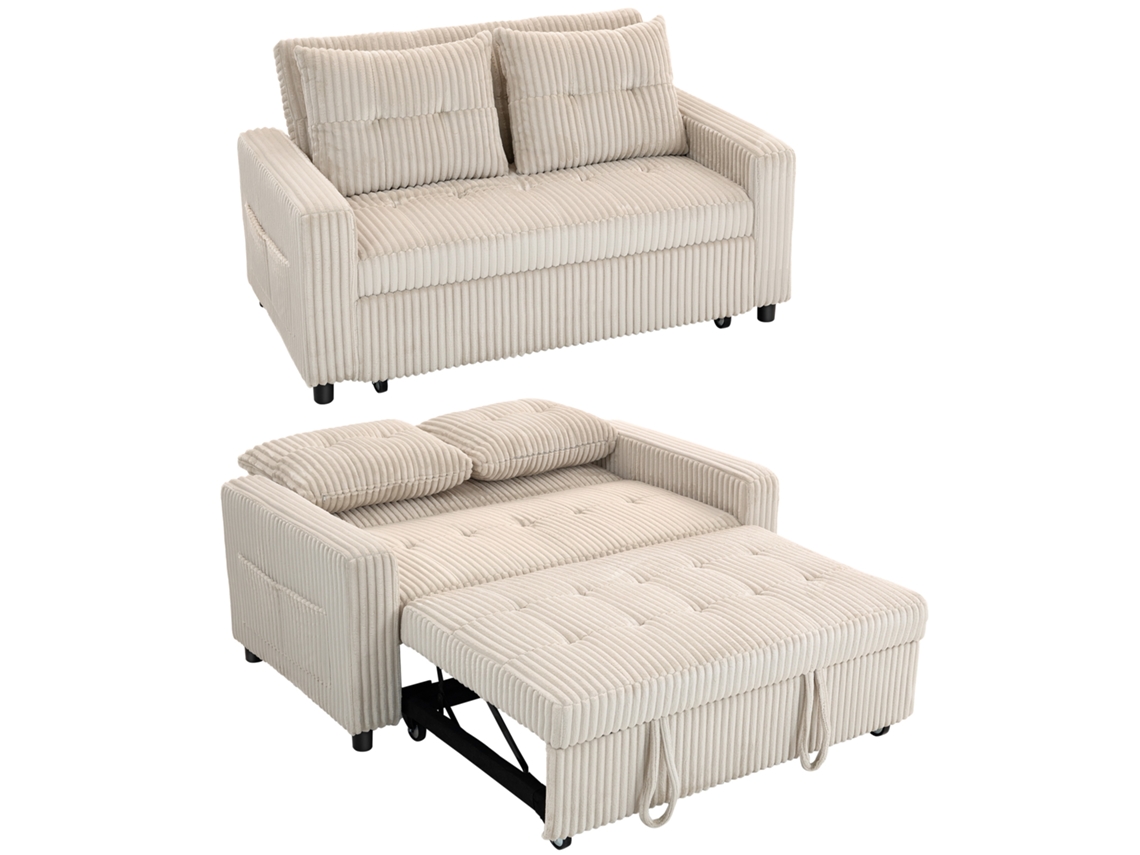 Sofá Cama 2 Lugares com Capa de Veludo Cotelê, Conversível, com 2 Travesseiros, Bolsos Laterais 157x190 cm Branco Creme | S/MARCA